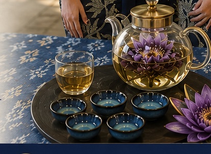 A golden glass teapot of blooming Blue Lotus tea on a dark tray with indigo ceramic cups, set on batik cloth