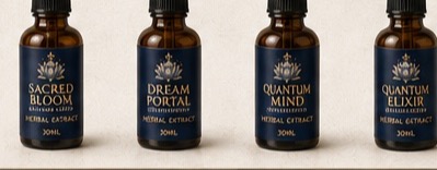 Amber dropper bottles of Sacred Bloom botanical elixirs — Dream Portal, Quantum Mind and Quantum Elixir