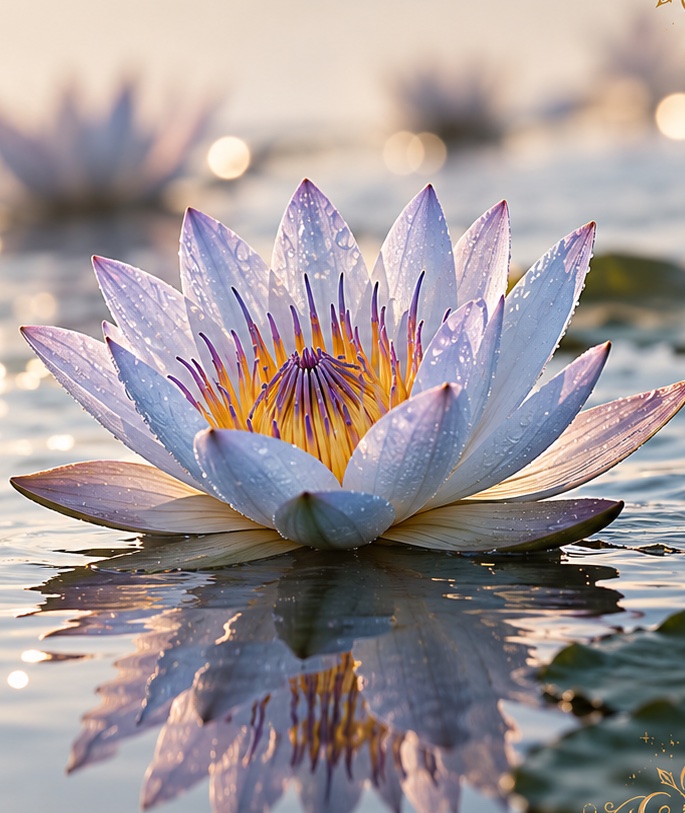 A dew-covered Blue Lotus resting on a mirror-still pond in soft morning light