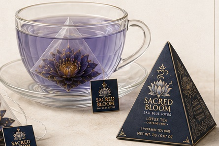 A glass cup of violet Blue Lotus tea beside a Sacred Bloom pyramid tea bag
