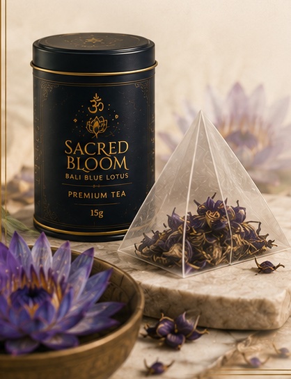 Sacred Bloom premium tea tin beside a pyramid tea bag filled with dried Blue Lotus flowers