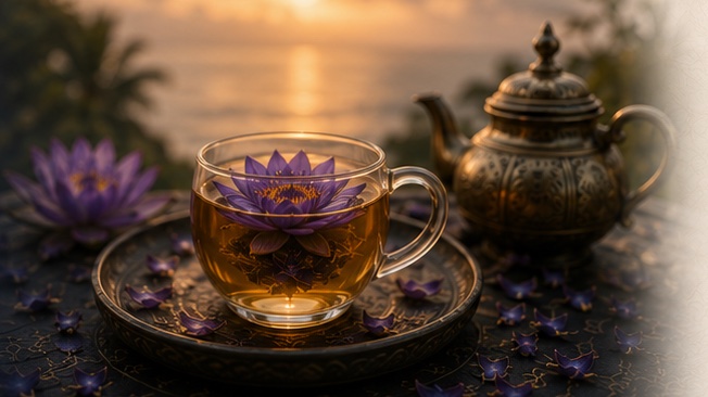 A glass cup of golden Blue Lotus tea with a violet flower afloat, beside an engraved brass teapot at sunset
