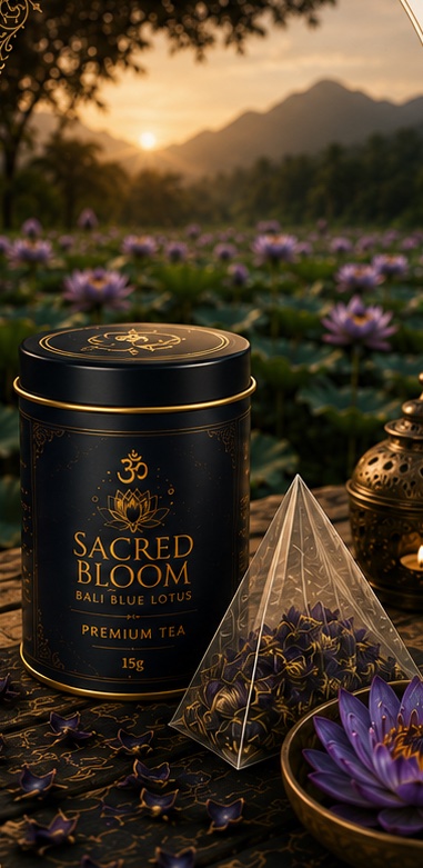 A Sacred Bloom tea tin and pyramid bag on a carved table before a lotus pond at sunset
