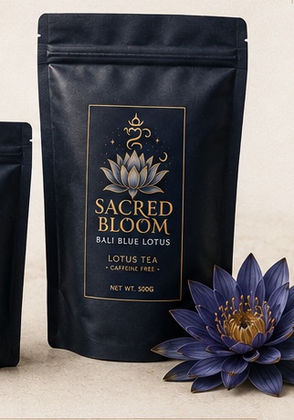 Sacred Bloom wholesale pouch of dried Blue Lotus beside a deep indigo lotus flower